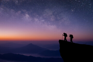Silhouette of two young traveler and backpacker standing on cliff watched the star and milky way on top of the mountain. We enjoyed traveling and was successful when he reached the summit.