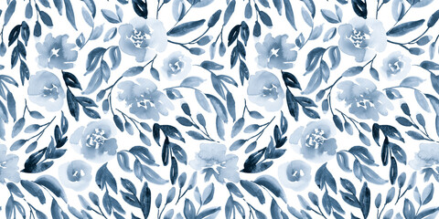 Watercolor flowers in blue gray. Seamless pattern.  - 617074690