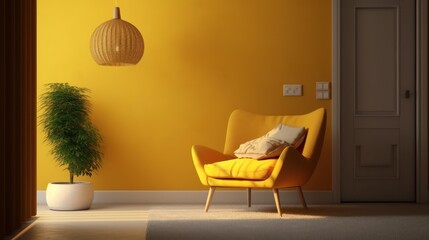 Yellow living room interior with armchair,lamp and plant.3d rendering