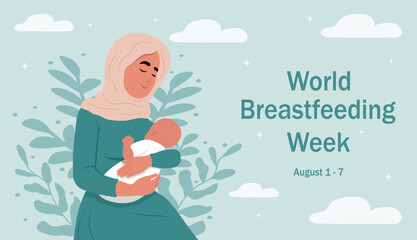 World Breastfeeding Week. August 1-7. Illustration of breastfeeding, a muslim mother breastfeeds a child. Illustrations in cartoon style.