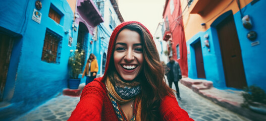 Young smiling woman taking a selfie in a pintoresque city in Africa. Image generative AI.