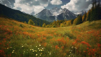 Fototapeta na wymiar a snowy mountain and a green meadow in the foreground. Generative AI