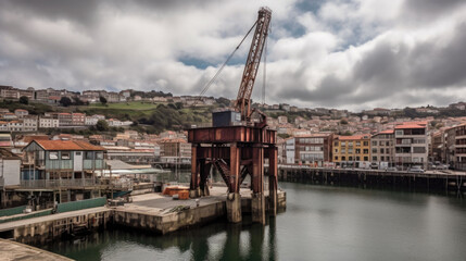 an old crane in the harbor in a town on the coast. Generative AI