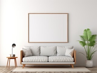 Mock up poster frame in minimalist living room interior background, cement wall,3D render