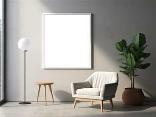 Fototapeta premium Mock up poster frame in minimalist living room interior background, cement wall,3D render