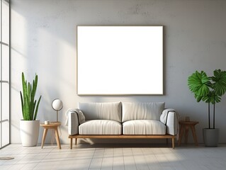 Mock up poster frame in minimalist living room interior background, cement wall,3D render