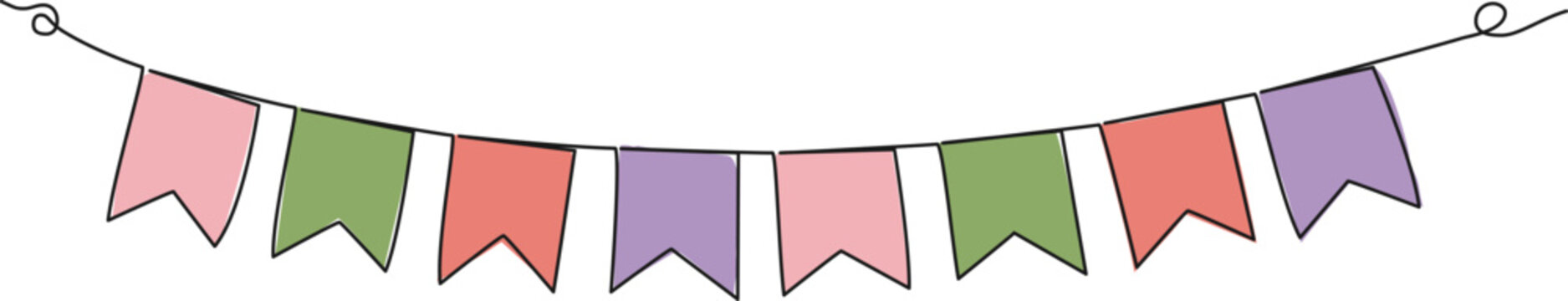 recommend clip art: continuous single line drawing of bunting garland, pastel colored buntings line art vector illustration