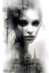 A high-profile monochrome artistic portrait of a woman in the foreground is complemented by a double exposure featuring elements of architecture and nature in the background.
