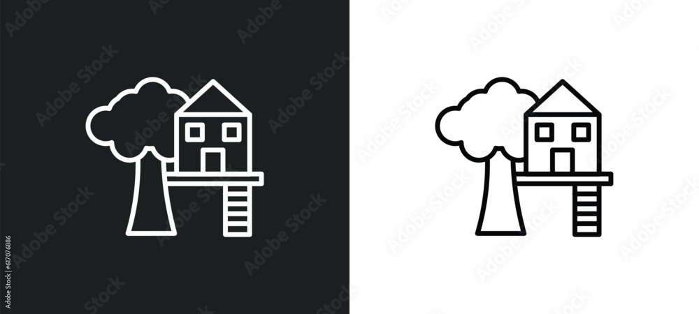 Poster tree house line icon in white and black colors. tree house flat vector icon from tree house collecti