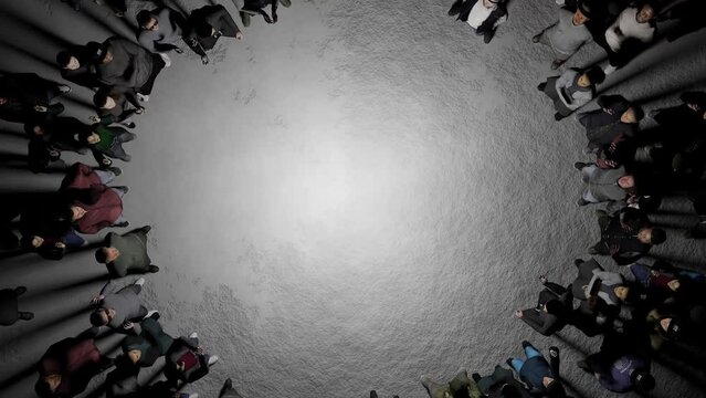 A mystical gathering. The camera rotates over the people standing on the grey floor. People stand in a circle and shake to the music. Long shadows fall from the people in all directions.
