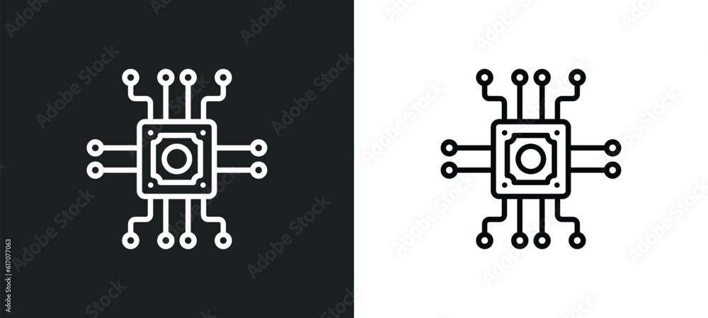 Poster microchip line icon in white and black colors. microchip flat vector icon from microchip collection 