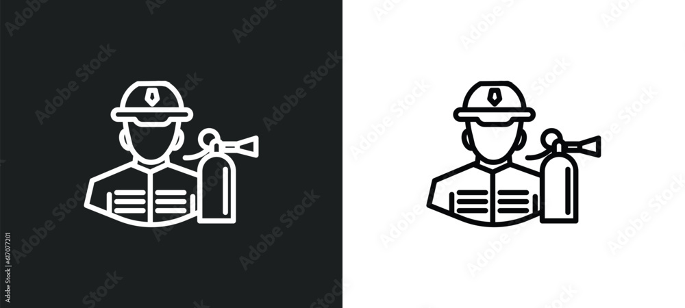 Poster fireman line icon in white and black colors. fireman flat vector icon from fireman collection for we
