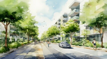 Sustainable urban design project. Green architectural practices aimed at creating eco friendly urban spaces that foster community well being and environmental health. Generative AI