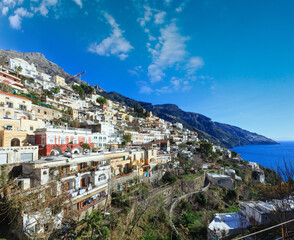 Fototapeta na wymiar Amalfi town coast view on rocky hill, Italy.