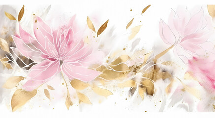 Abstract floral art background. Botanical watercolour hand painted pastel pink and gold flowers on white background. Ai generated