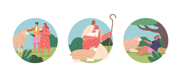 Isolated Round Icons Of Jesus Character As The Shepherd, Surrounded By Sheep And Children, On A Beautiful Summer Meadow