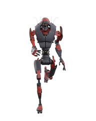 Robotic droid futuristic mechanical soldier with glowing yellow eyes running towards the viewer. 3D illustration.