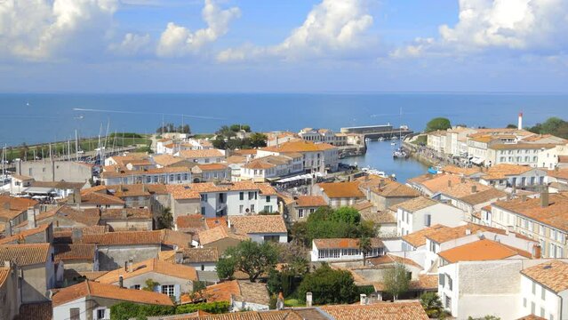 Aerial view of Saint-Martin-de-R&eacute;, France on a sunny day with blue sky