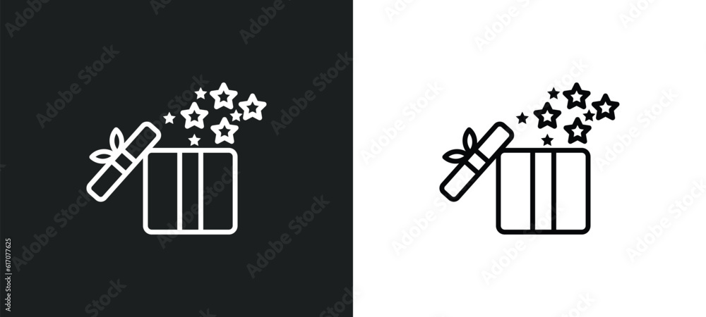 Poster open present box line icon in white and black colors. open present box flat vector icon from open pr