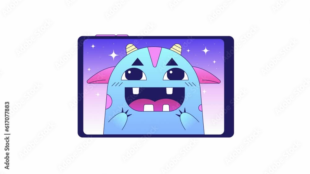 Poster happy monster on tablet animation. flat outline style icon 4k video for web design. watch children m