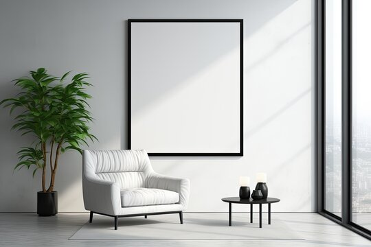 Mock up poster frame in minimalist living room interior background, cement wall,3D render