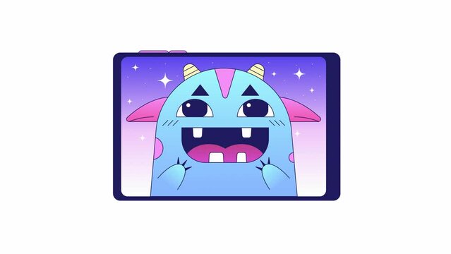 Happy monster on tablet animation. Flat outline style icon 4K video for web design. Watch children movie isolated colorful thin line animated object on white background with alpha channel transparency