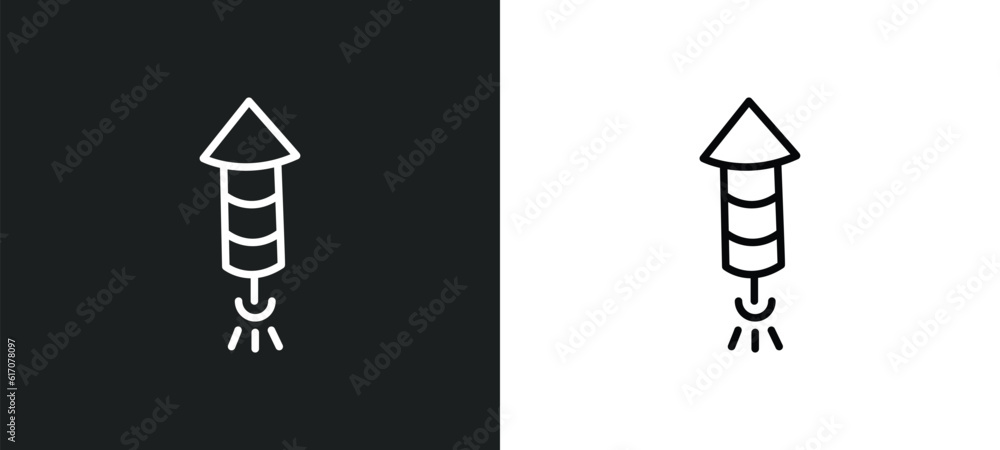 Poster firework rocket line icon in white and black colors. firework rocket flat vector icon from firework 