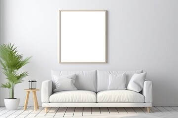 Mock up poster frame in minimalist living room interior background, cement wall,3D render