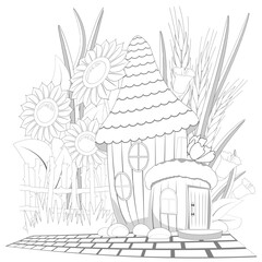 Cartoon fairytale acorn house, fence, flowers, leaves, wheat ears. Coloring book page for adults. Vector illusrtation