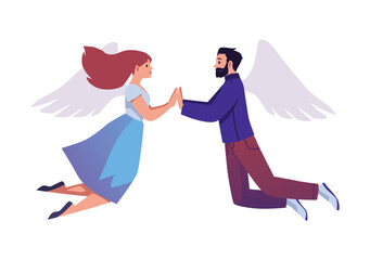 Fototapeta premium Couple of lovers holding hands, flying on the wings of happiness vector illustration, Valentine's Day celebration