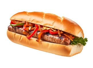Sausage and pepper sandwich on transparent background. Generative AI.
