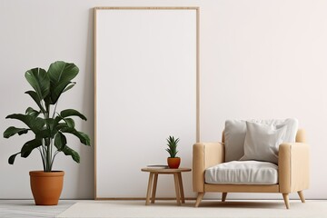 Mock up poster frame in minimalist living room interior background, cement wall,3D render