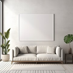Mock up poster frame in minimalist living room interior background, cement wall,3D render