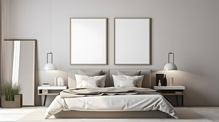 Mock up frame in modern bedroom interior background, AI generated