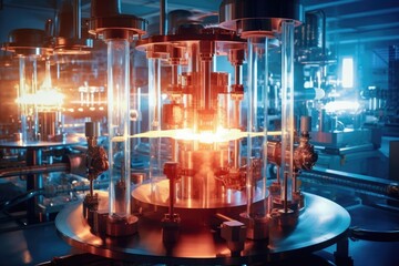 Theme of nuclear fusion. Large experimental setup in a laboratory with plasma being generated at high temperatures. Generative AI