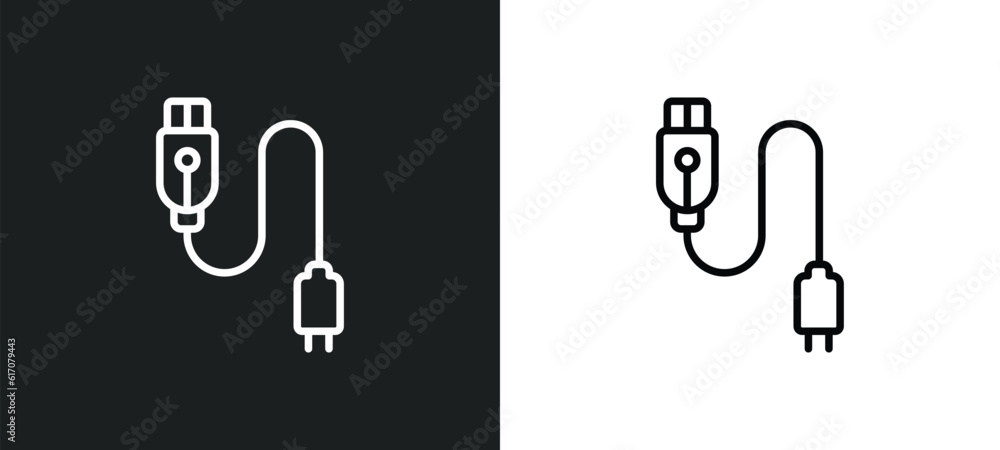 Poster charging plug line icon in white and black colors. charging plug flat vector icon from charging plug