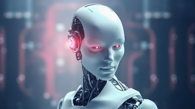 Female Robot portrait, technology concept, free copy space on dark background. AI generated