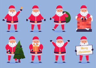 Santa Claus characters in various poses and scenes. Merry Christmas cutout element
