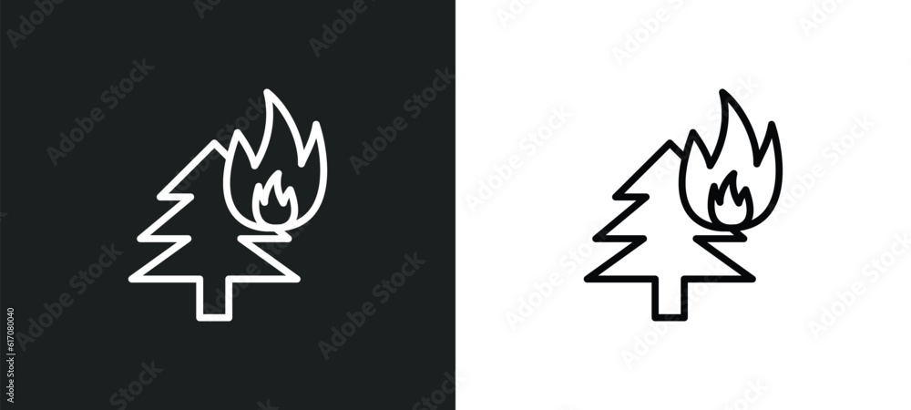 Poster burning tree line icon in white and black colors. burning tree flat vector icon from burning tree co