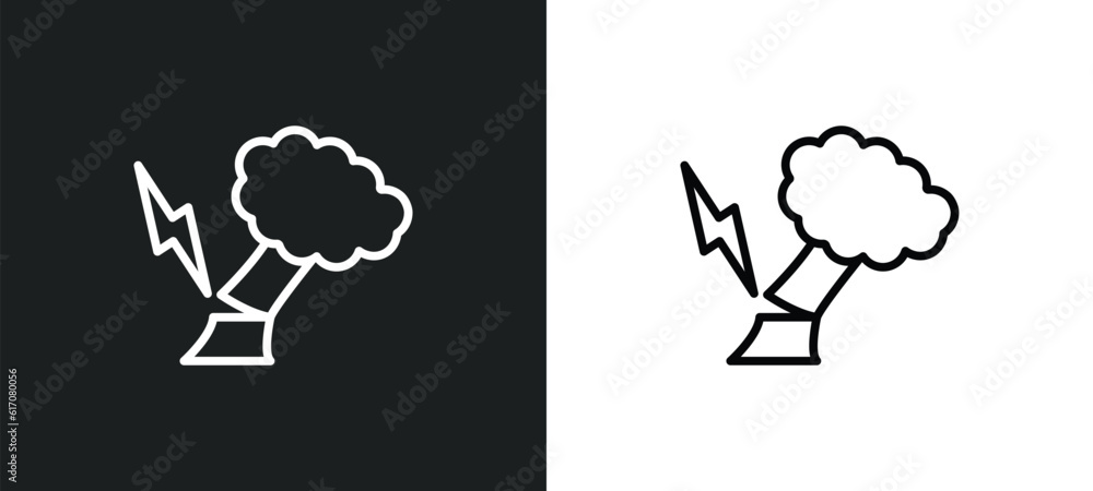 Poster broken tree by thunder line icon in white and black colors. broken tree by thunder flat vector icon 