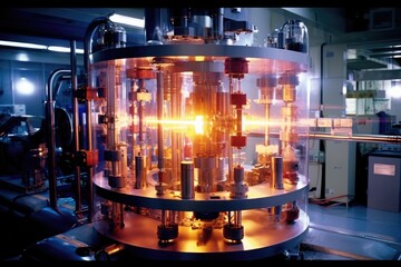 Theme of nuclear fusion. Large experimental setup in a laboratory with plasma being generated at high temperatures. Generative AI