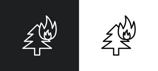 burning tree line icon in white and black colors. burning tree flat vector icon from burning tree collection for web, mobile apps and ui.