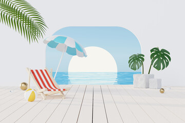 3D render Summer vacation abstract product display, Minimal Realistic Display Podium in the blue ocean sea background concept, Cosmetics with tropical summer island, umbrella, inflatable ring.