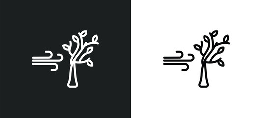 Obraz premium wind and bend trees line icon in white and black colors. wind and bend trees flat vector icon from wind bend trees collection for web, mobile apps ui.