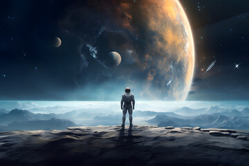 Fototapeta premium Lunar Solitude - Astronaut Standing on the Moon and Watching into Space - Generative AI