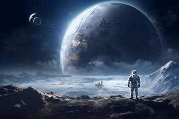 Lunar Solitude - Astronaut Standing on the Moon and Watching into Space - Generative AI
