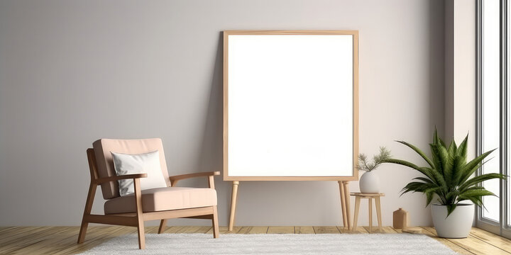 Cozy beige interior mockup with armchair, empty frame for text, green plant in pot. Contemporary apartment scene with furniture. Template for banner. Generative ai