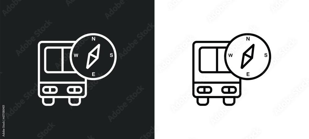 Poster bus with compass line icon in white and black colors. bus with compass flat vector icon from bus wit