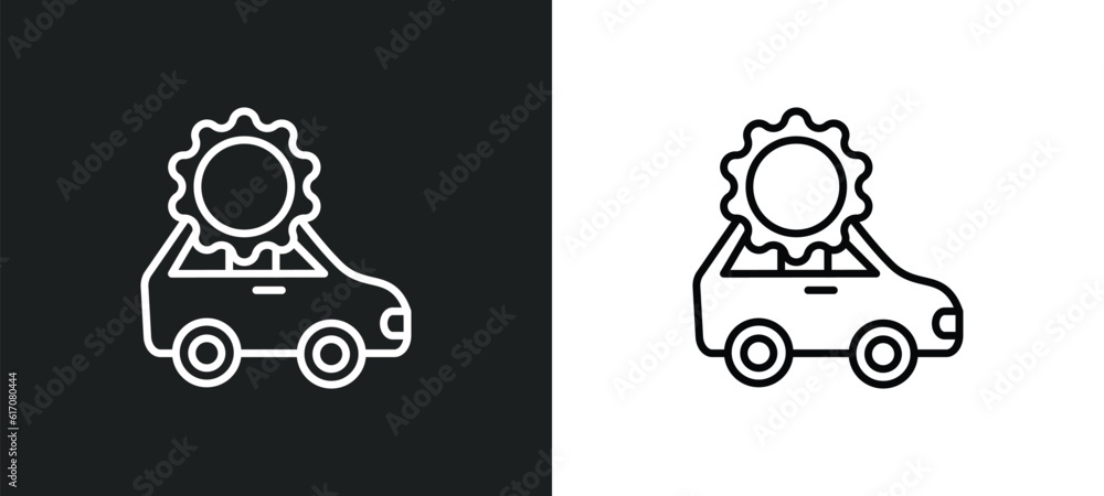 Poster car with cogwheels line icon in white and black colors. car with cogwheels flat vector icon from car