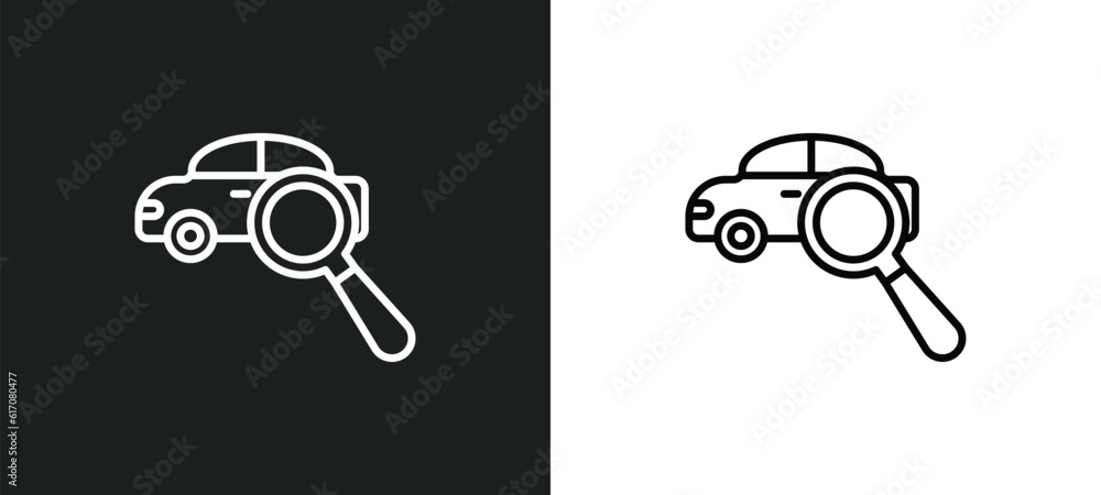 Poster searching for car line icon in white and black colors. searching for car flat vector icon from searc